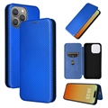 iPhone 15 Pro Flip Lompakkokotelo - Hiilikuitu - Sininen