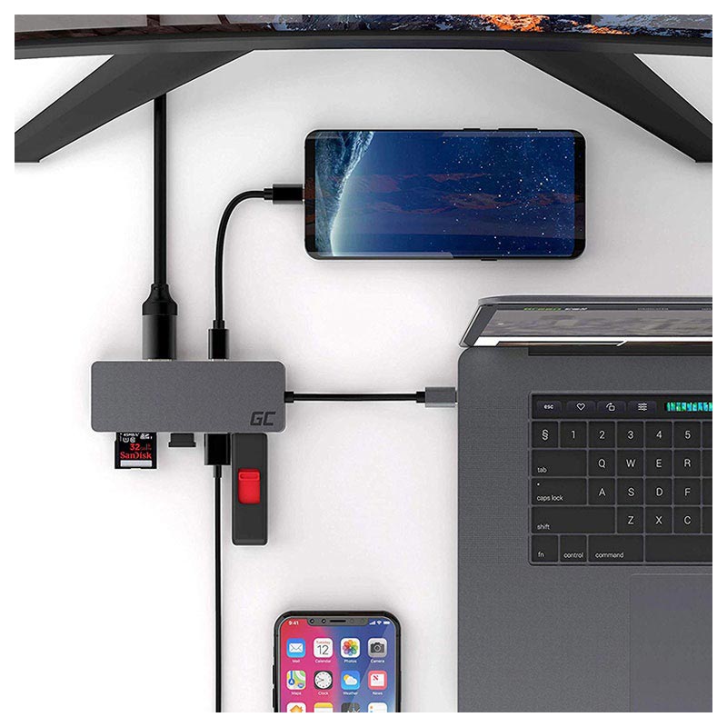 Green Cell 7-1:ssä moniporttinen sovitin Green Cell USB-C -sovitin