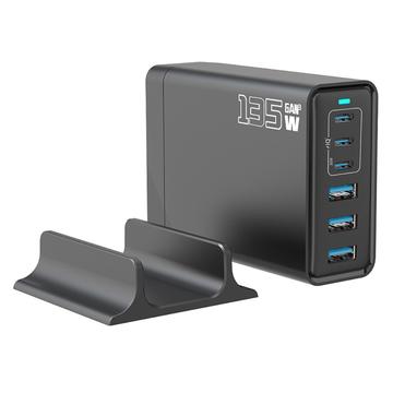 135W GaN pöytälaturi / 6-porttinen nopea latausasema - 3x USB-C, 3x USB-A - musta