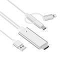 3-1:ssä HDMI-Kaapeli - Lightning, Type-C, MicroUSB