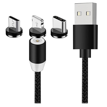 3-1:ssä LED-magneettikaapeli - Lightning, USB-C, MicroUSB - 1m - Musta