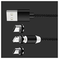 3-1:ssä LED-magneettikaapeli - Lightning, USB-C, MicroUSB - 1m - Musta