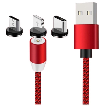 3-1:ssä LED-magneettikaapeli - Lightning, USB-C, MicroUSB - 1m - Punainen