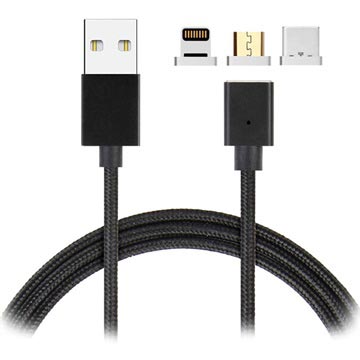 3-in-1 Magneettikaapeli - Lightning, MicroUSB, C-Tyypin - Musta