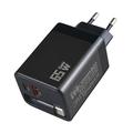 65W:n GaN-matkalaturi - sisäänvedettävä USB-C-kaapeli, USB-C-/USB-A-liitännät - musta