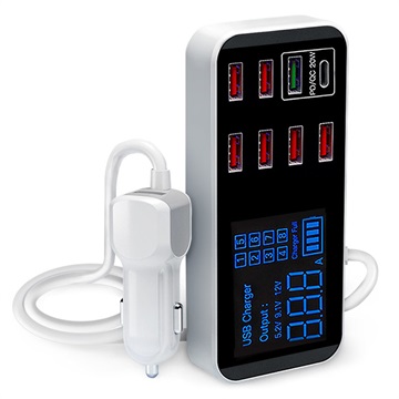 9-Port Autolaturi LCD-Näytöllä WLX-A9S+ - 7xUSB, QC3.0 USB, PD USB-C - 40W