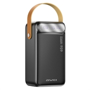 Awei PA-82 60000mAh -varavirtalähde - 65W, 2x USB-A/USB-C, LED-näyttö, taskulamppu - musta