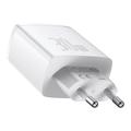 Baseus Compact-pikalaturi 30W - USB-C PD, 2xUSB - Valkoinen