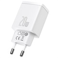 Baseus Compact Seinälaturi 20W - USB-C PD3.0, USB QC3.0 - Valkoinen