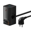 Baseus PowerCombo Digital Power Strip 65W w. Retractable USB-C Cable - 2xAC, USB-C, USB-A - Musta