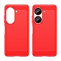 Asus Zenfone 10 Harjattu TPU Suojakuori - Hiilikuitu - Punainen