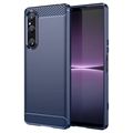 Sony Xperia 1 V Harjattu TPU Suojakuori - Hiilikuitu - Sininen