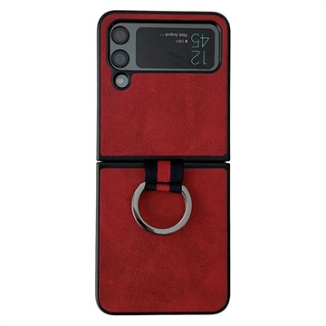 Samsung Galaxy Z Flip4 Päällysteinen Suojakuori Metallirenkaalla - Punainen