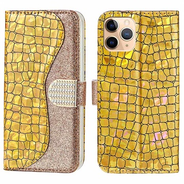 Croco Bling Series iPhone 13 Pro Lompakkokotelo - Kulta