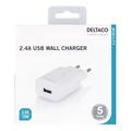 Deltaco USB-seinälaturi - 2,4A - Valkoinen