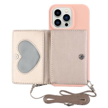 Heart Sarja iPhone 14 Pro Max Kotelo Lompakolla ja Hihnalla - Pinkki