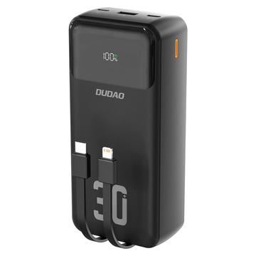 Dudao K15MAX 30000mAh Power Bank - 22.5W PD & QC pikalataus, sisäänrakennettu USB-C ja Lightning-kaapelit - musta
