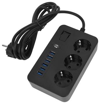 EU Plug 3000W High Power Strip 2m jatkojohto 3 AC pistorasiaa 6 USB-lähtöportilla (CE-sertifioitu)