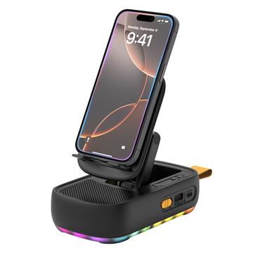 F15 3-in-1 kokoontaitettava puhelimen pidike, jossa on Bluetooth-kaiutin ja 1200mAh-virtapankki - musta