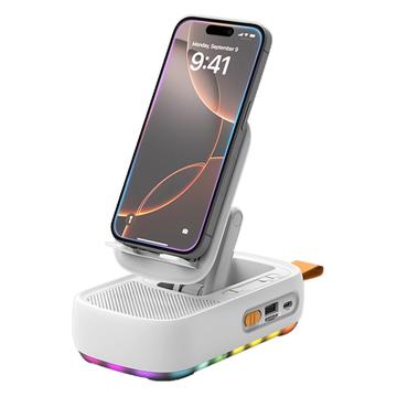 F15 3-in-1 kokoontaitettava puhelinteline, jossa on Bluetooth-kaiutin ja 1200mAh-virtapankki - valkoinen