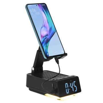 F30 3-in-1 kokoontaitettava älypuhelinjalusta, Bluetooth-kaiutin ja digitaalinen herätyskello - musta