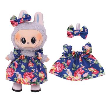 Kukkainen juhlamekko ja rusettisolmu otsanauha Labubu Mini Figure 17cm - Tummansininen