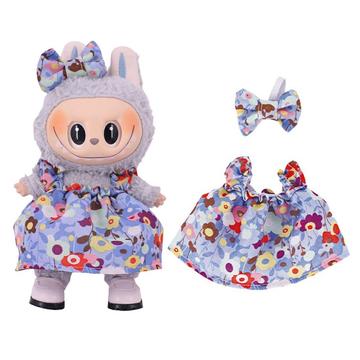 Kukkainen juhlamekko ja rusettisolmu otsanauha Labubu Mini Figure 17cm - vaaleansininen