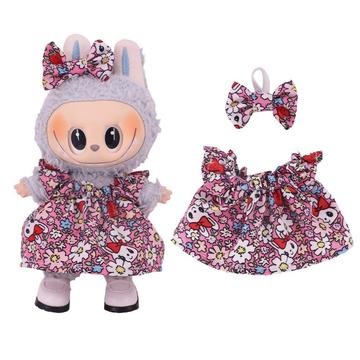 Kukkainen juhlamekko ja rusettisolmu otsanauha Labubu Mini Figure 17cm - Vaaleanpunainen