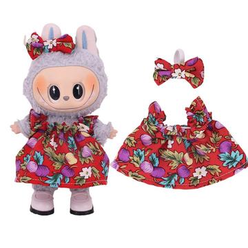 Kukkainen juhlamekko ja rusettisolmu otsanauha Labubu Mini Figure 17cm - Punainen