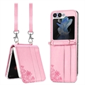 Samsung Galaxy Z Flip5 Floral Print Suojakotelo Hihnalla - Pinkki