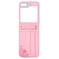 Samsung Galaxy Z Flip5 Floral Print Suojakotelo Hihnalla - Pinkki