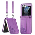 Samsung Galaxy Z Flip5 Floral Print Suojakotelo Hihnalla - Violetti
