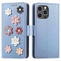 Flower Decor Series iPhone 14 Pro Lompakkokotelo - Sininen