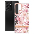 Flower Series Samsung Galaxy S22 Ultra 5G TPU Kotelo - Pinkki Gardenia