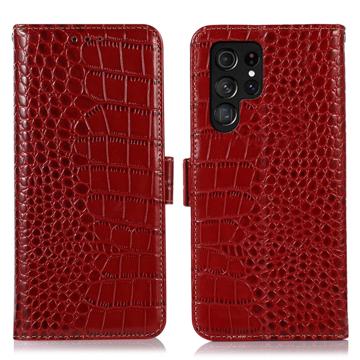 Crocodile Samsung Galaxy S23 Ultra 5G Lompakkomallinen Nahkakotelo kanssa RFID - Punainen