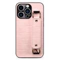 iPhone 14 Pro Suojakuori Rannehihnalla ja Korttipaikka - Krokotiili - Pinkki