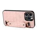 iPhone 14 Pro Suojakuori Rannehihnalla ja Korttipaikka - Krokotiili - Pinkki