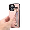 iPhone 14 Pro Suojakuori Rannehihnalla ja Korttipaikka - Krokotiili - Pinkki