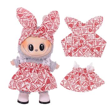 Puutarha-Party mekko ja päähine setti Labubu Mini hahmolle 17cm - Sydämet