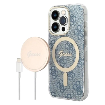 Guess 4G Edition Bundle Pack iPhone 14 Pro Kotelo & Langaton Laturi - Sininen
