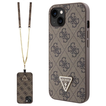 iPhone 15 Guess 4G Strass Triangle Metal Logo Kotelo jossa Crossbody Hihna - Ruskea