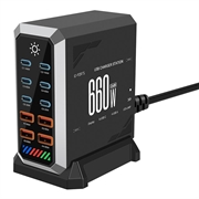 HHW 660W GaN 10-porttinen USB-C-latausasema näytöllä - 6xUSB-C, 4xUSB-A - musta