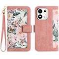 Honor 600 Smart Floral lompakkokotelo korttipaikoilla - vaaleanpunainen