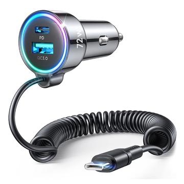Joyroom JR-CL07 3-in-1 langallinen nopea autolaturi 72W - USB-C, USB-A - musta