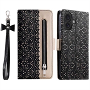 iPhone 16 Plus Lace Pattern Lompakkokotelo - Musta