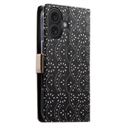 iPhone 16 Plus Lace Pattern Lompakkokotelo - Musta