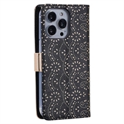 iPhone 16 Pro Lace Pattern Lompakkokotelo - Musta