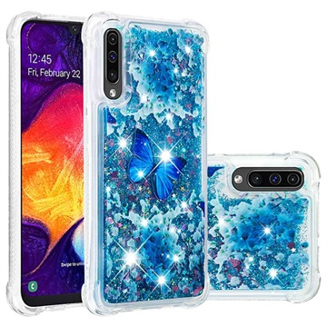 Liquid Glitter Samsung Galaxy A50 TPU Suojakuori - Sininen Perhoset