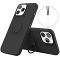 iPhone 13 Pro Liquid Silicone Suojakuori Sormuspidikkeellä - Musta