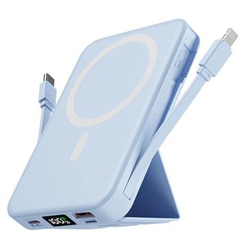Magneettinen langaton tehopankki USB-C- ja Lightning-kaapeleilla - 10000mAh/15W - sininen